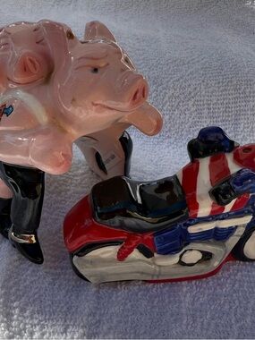 Hand-Painted Pink Pig & Red Motorcycle Ceramic Figurines - Home Accents